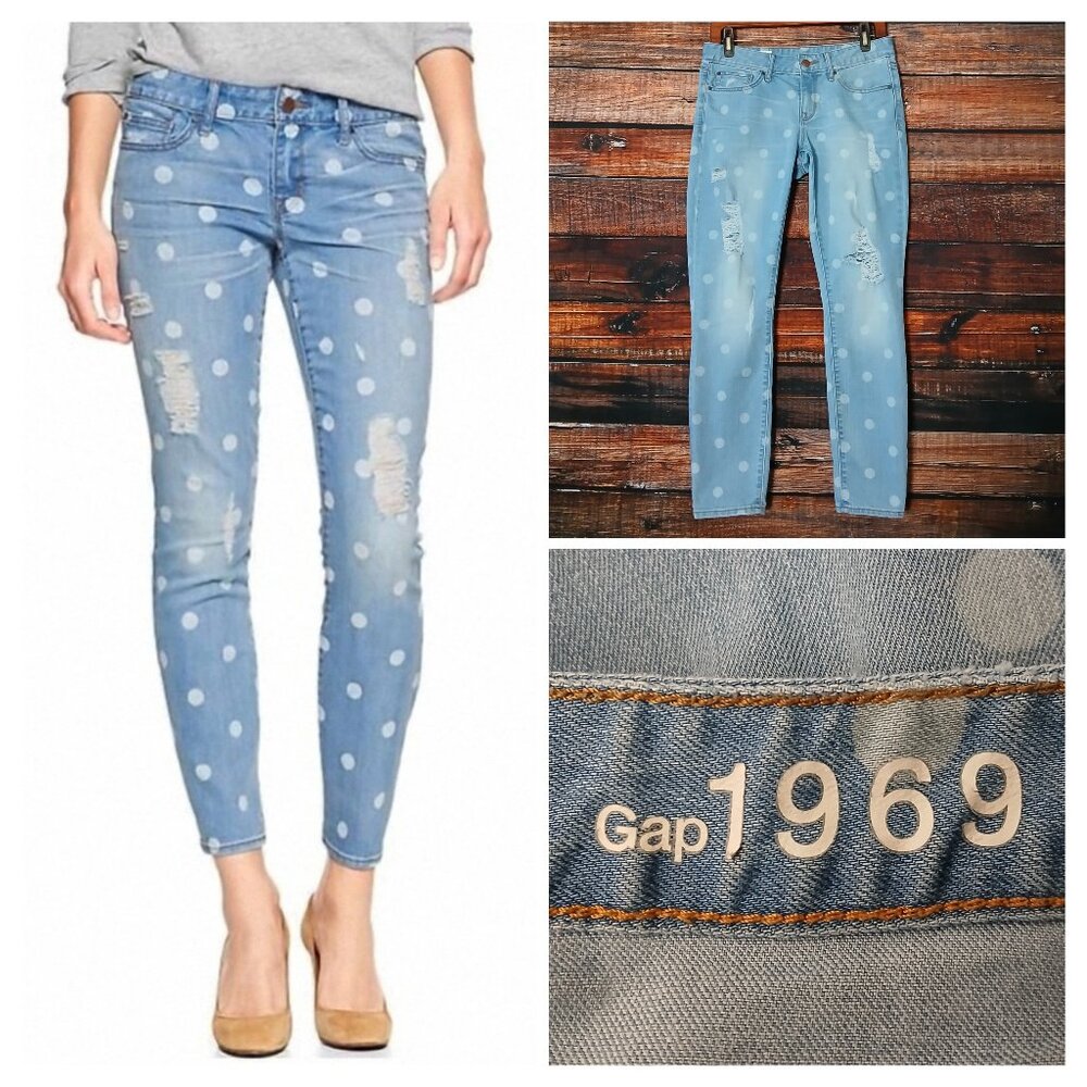 GAP Jeans 28 Always Skinny Low Rise Distressed Polka Dot Denim Stretch 2013